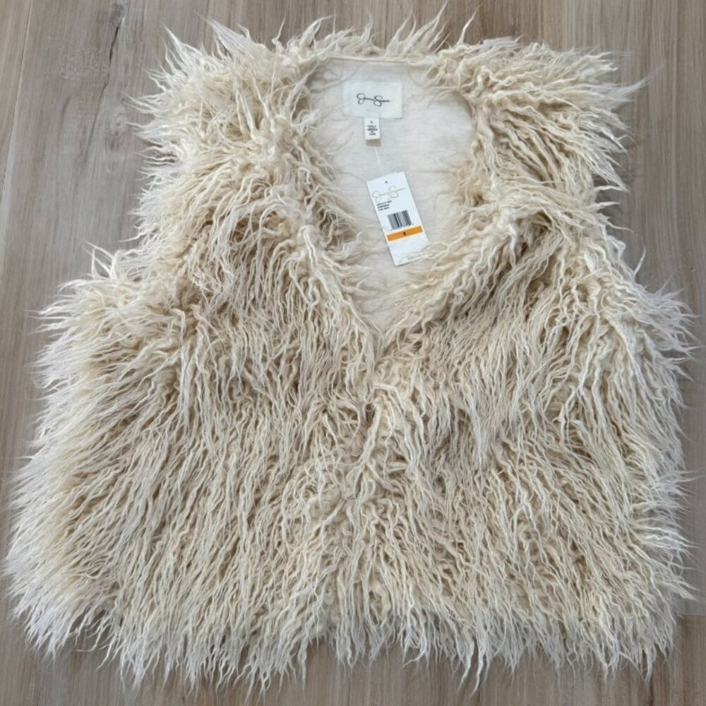 Jessica Simpson Mongolian Faux Fur Vest Tan Boho Festival NWT Small - Picture 5 of 9